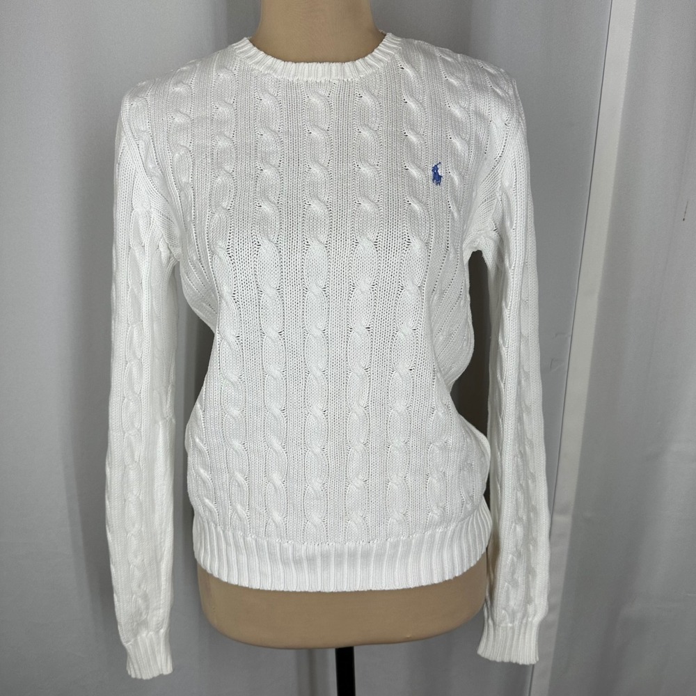 Ralph Lauren White Cable Knit Crewneck Sweater with Blue Pony - Picture 2 of 12
